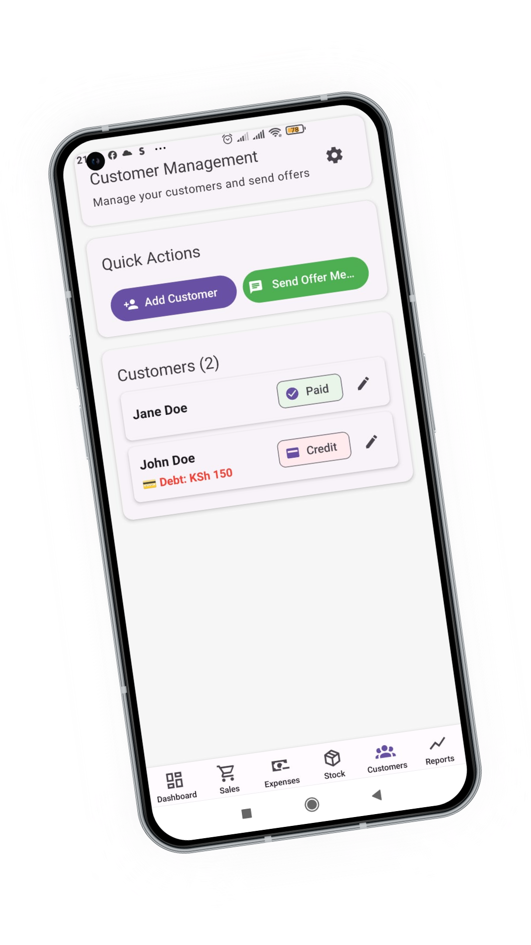 App's customer list screen