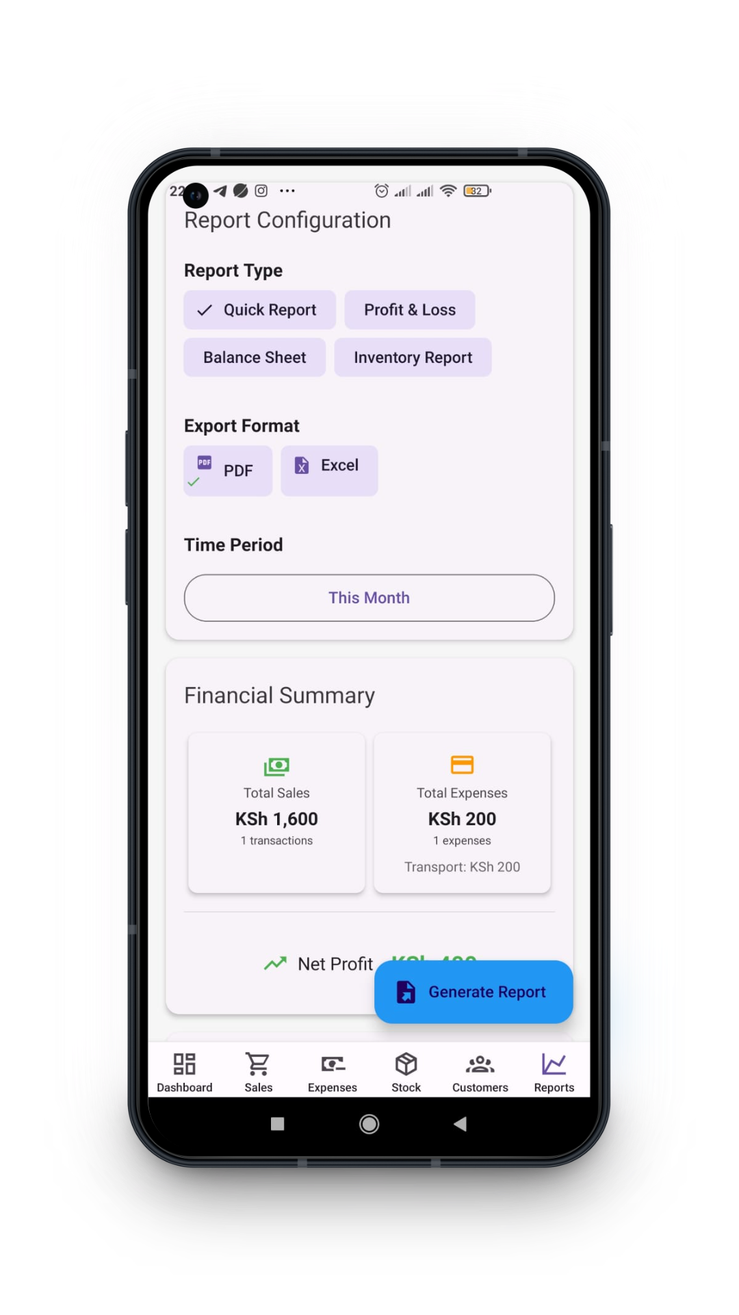 App's profit and loss report screen